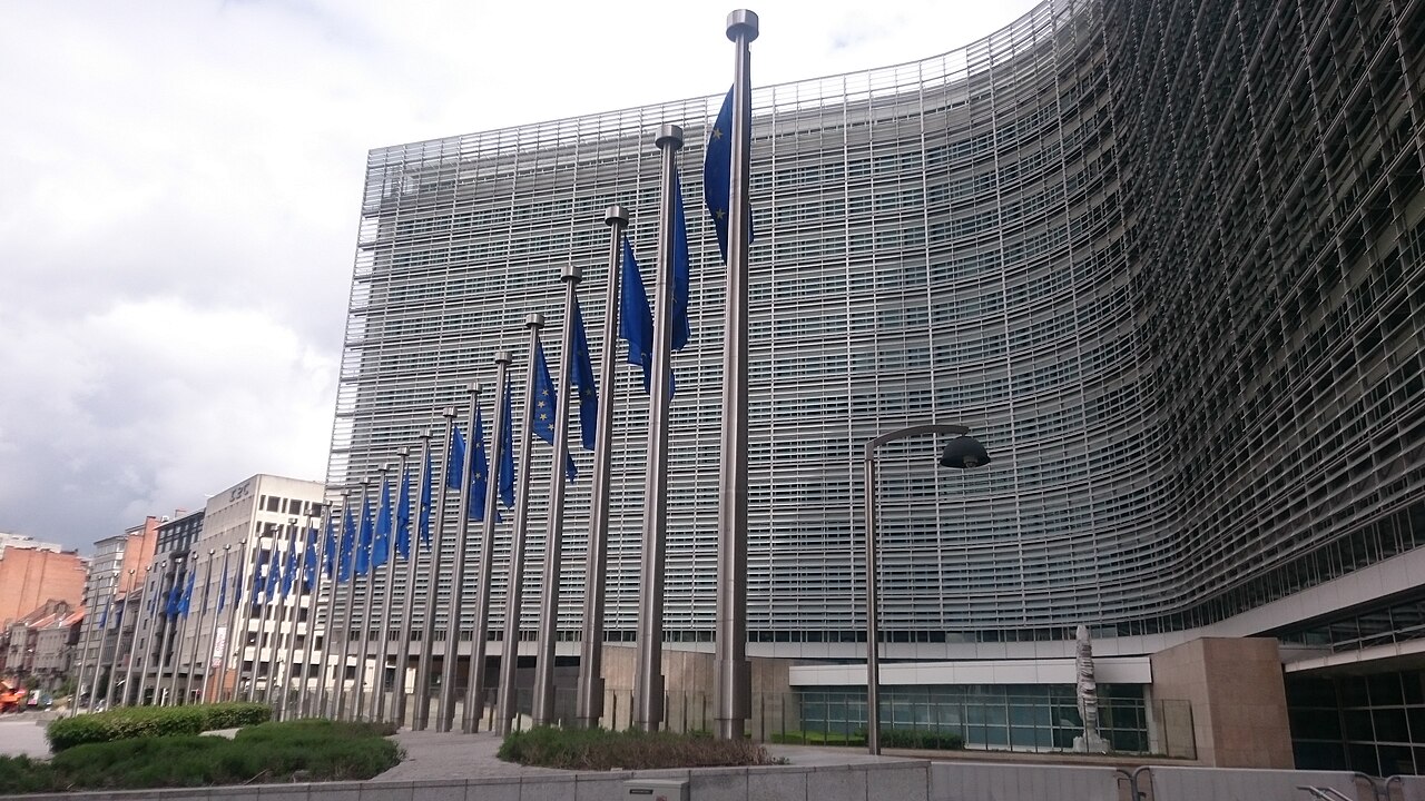 EU flags in front of the Berlaymont building, European Commission headquarters in Brussels
